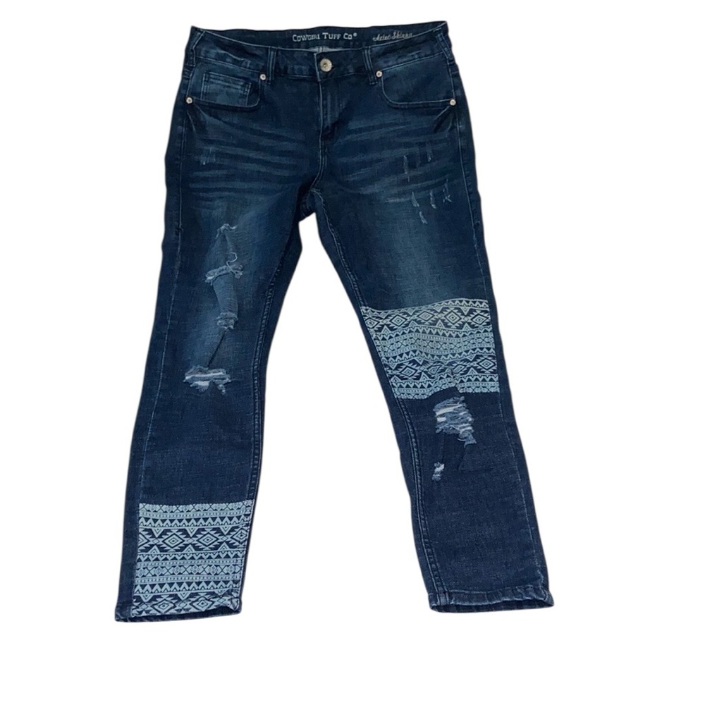 Cowgirl Tuff Women’s Blue Aztec Skinny Distressed Jeans Size W-33 L-31